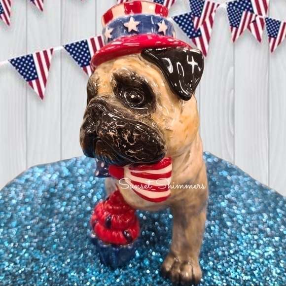 Patriotic Blue Sky PUG DOG July 4th Red White Blue Stars w Bow Tie & Cupcake New - Picture 9 of 11